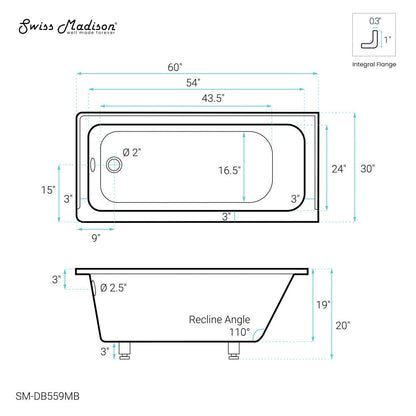 Swiss Madison Voltaire 60" x 30" Left-Hand Drain Alcove Bathtub in Matte Black