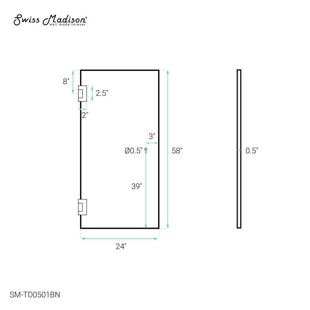 Swiss Madison Voltaire 24 x 58 Frameless Pivot 3/8 in. (10mm) Ultra Clear Tempered Glass Tub Door with Nickel Brushed Hardware