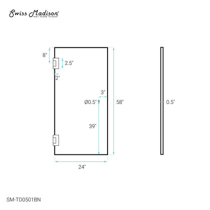 Swiss Madison Voltaire 24 x 58 Frameless Pivot 3/8 in. (10mm) Ultra Clear Tempered Glass Tub Door with Nickel Brushed Hardware