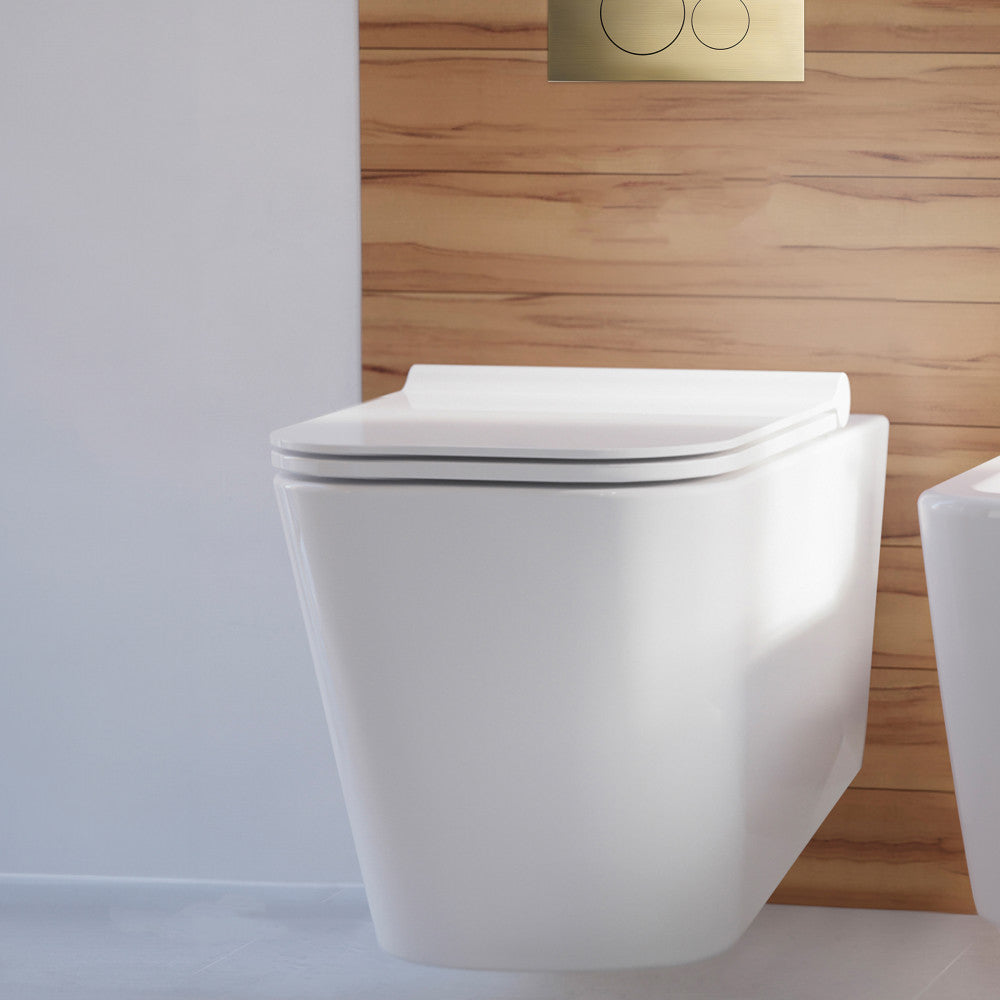 Swiss Madison Concorde Wall-Hung Toilet Bundle 0.8/1.6 GPF Dual Flush in Glossy White with Brass Flush Plate