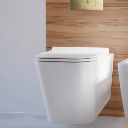 Swiss Madison Concorde Wall-Hung Toilet Bundle 0.8/1.6 GPF Dual Flush in Glossy White with Brass Flush Plate