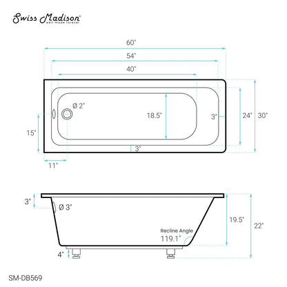 Swiss Madison Voltaire 60" x 30" Reversible Drain Drop-In Bathtub
