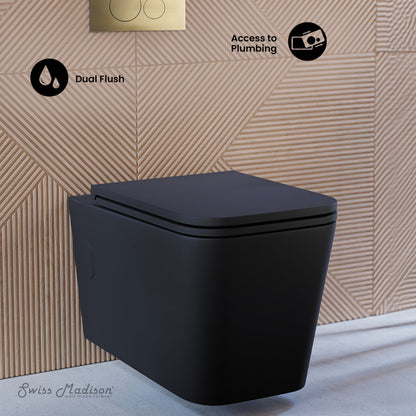 Swiss Madison Concorde Wall-Hung Toilet Bundle 0.8/1.6 GPF Dual Flush in Matte Black with Brass Flush Plate
