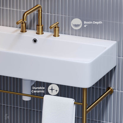 Swiss Madison Carre 36" Console Sink White Basin Brushed Gold Legs with 8" Widespread Holes