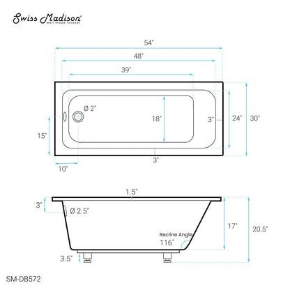 Swiss Madison Voltaire 54" x 30" Reversible Drain Drop-In Bathtub