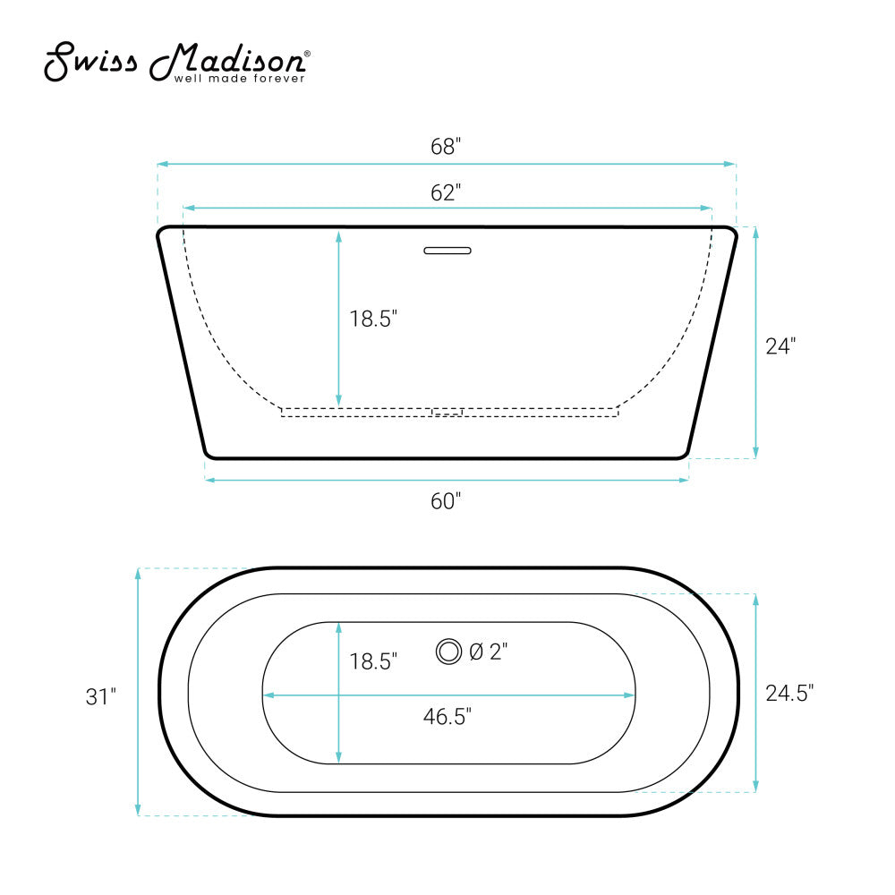 Swiss Madison Nanterre 68" Soaking Freestanding Bathtub in Glossy White, Drain Included
