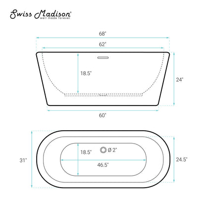 Swiss Madison Nanterre 68" Soaking Freestanding Bathtub in Glossy White, Drain Included