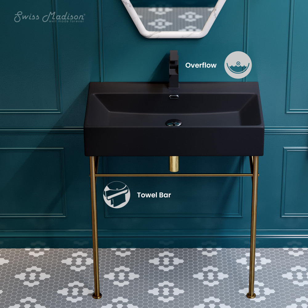 Swiss Madison Claire 30 Ceramic Console Sink Matte Black Basin Brushed Gold Legs