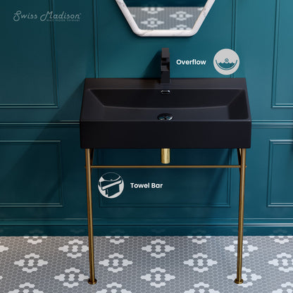 Swiss Madison Claire 30 Ceramic Console Sink Matte Black Basin Brushed Gold Legs