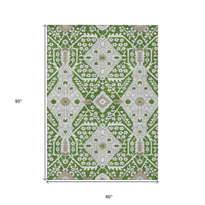 Tabselect Home Line 5' X 8' Green Gray And Taupe Floral Washable Indoor Outdoor Area Rug