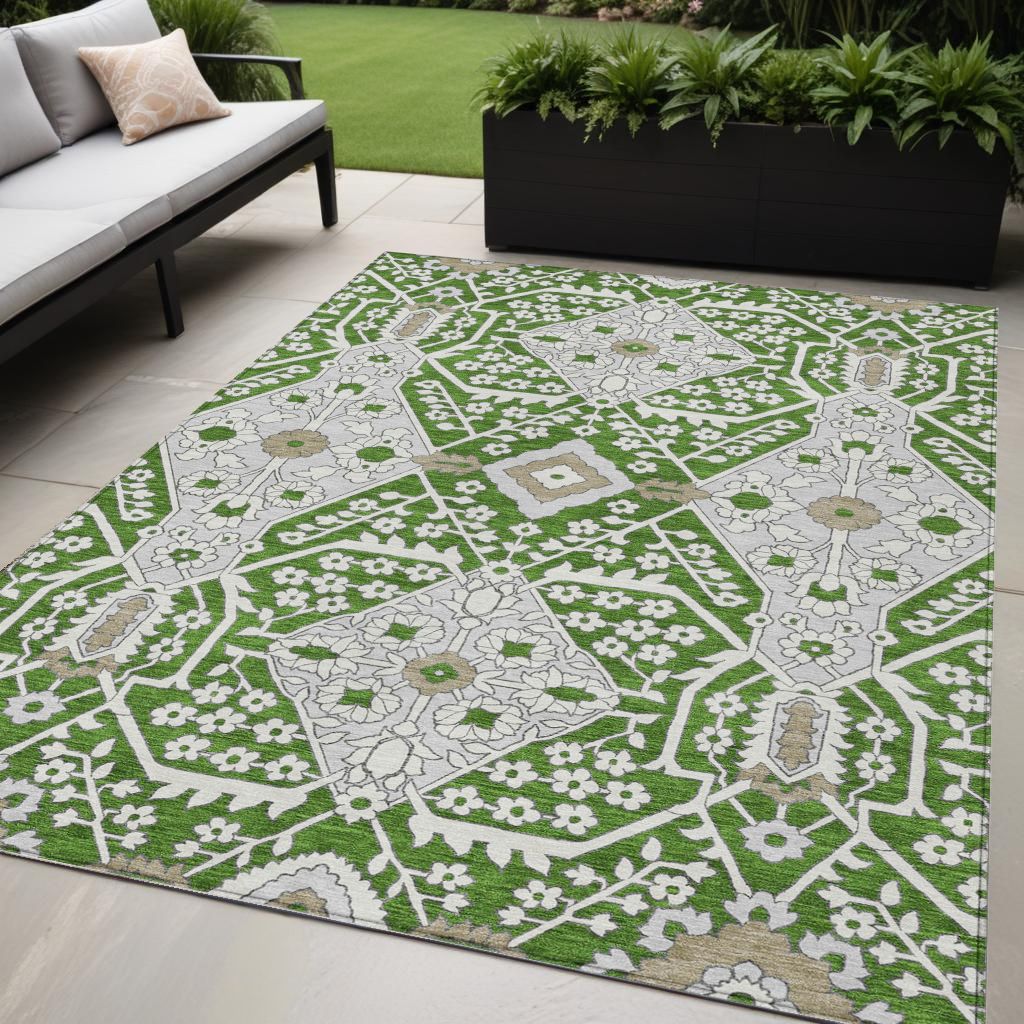 Tabselect Home Line 5' X 8' Green Gray And Taupe Floral Washable Indoor Outdoor Area Rug