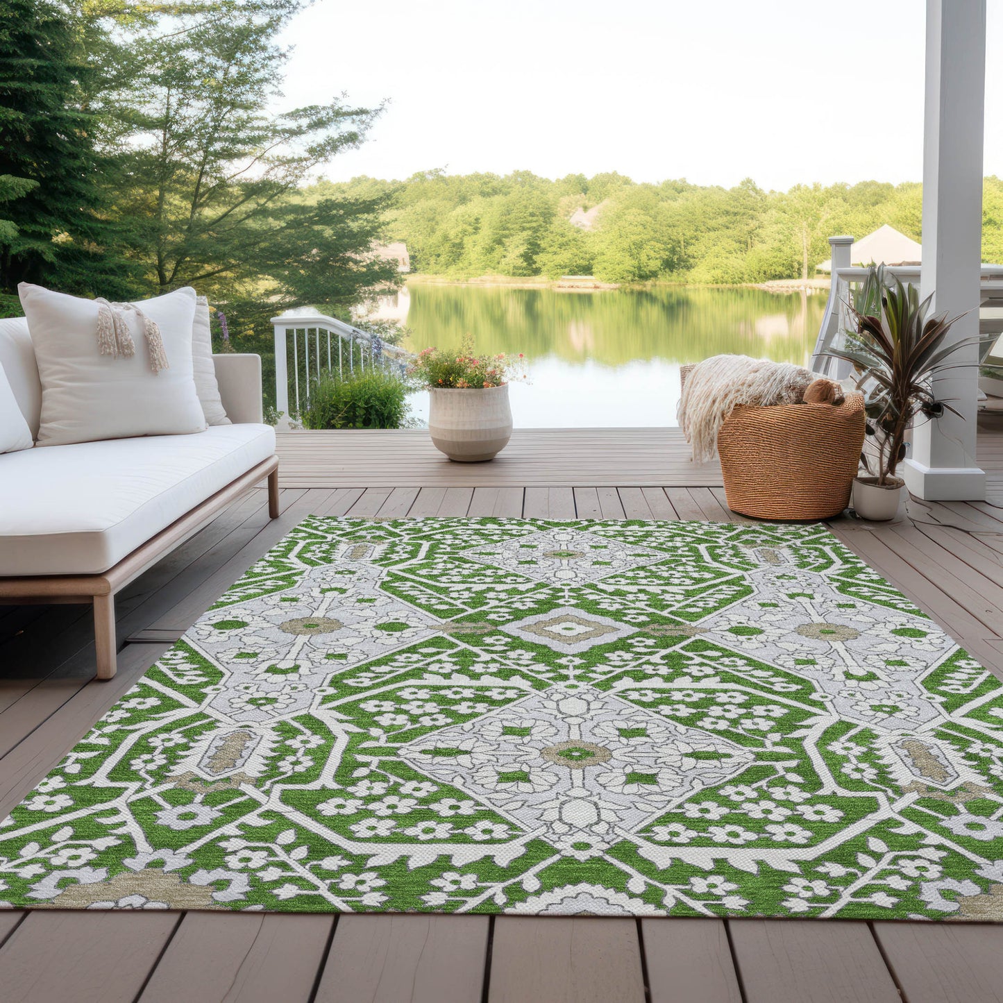 Tabselect Home Line 5' X 8' Green Gray And Taupe Floral Washable Indoor Outdoor Area Rug