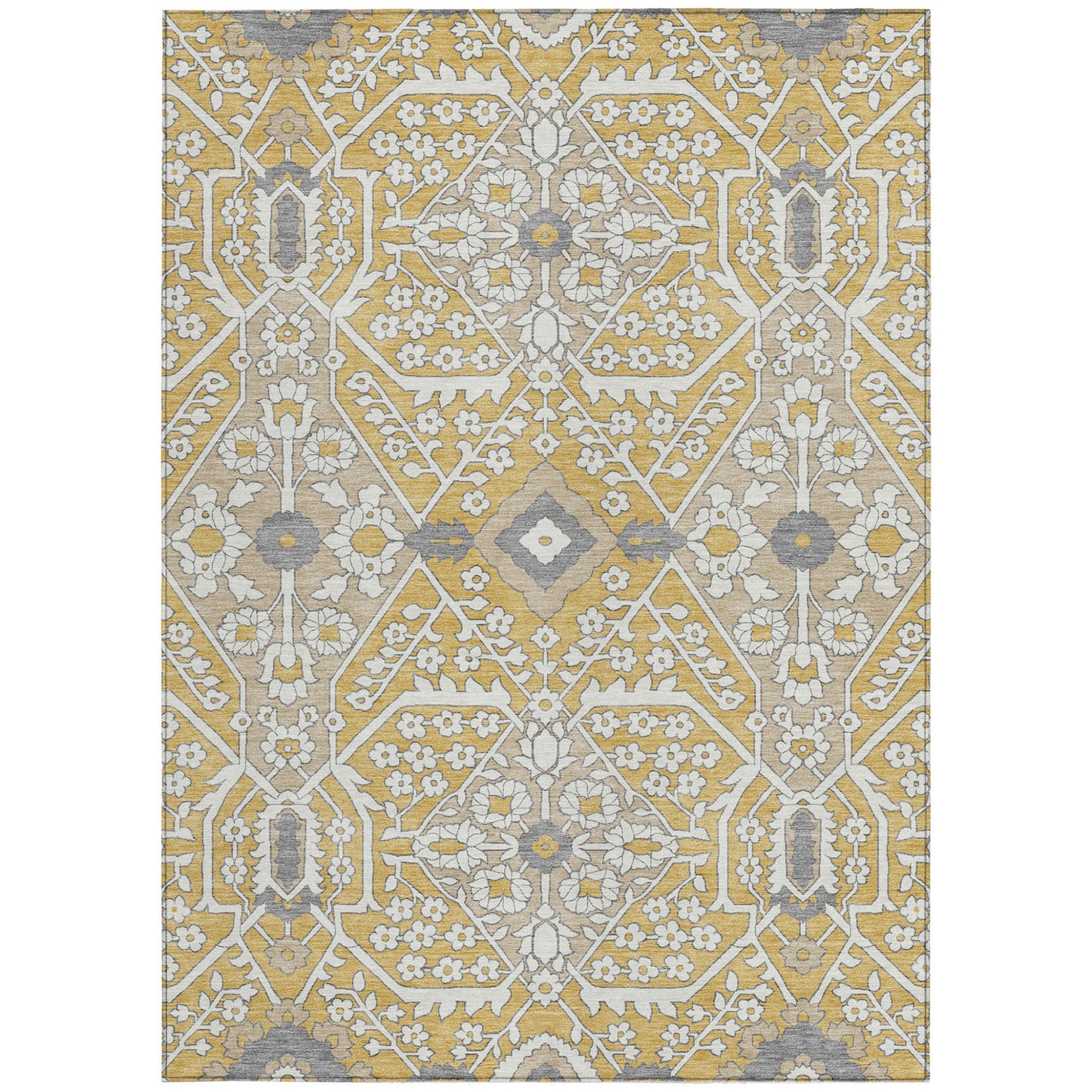 Tabselect Home Line 5' X 8' Gold Ivory And Gray Floral Washable Indoor Outdoor Area Rug
