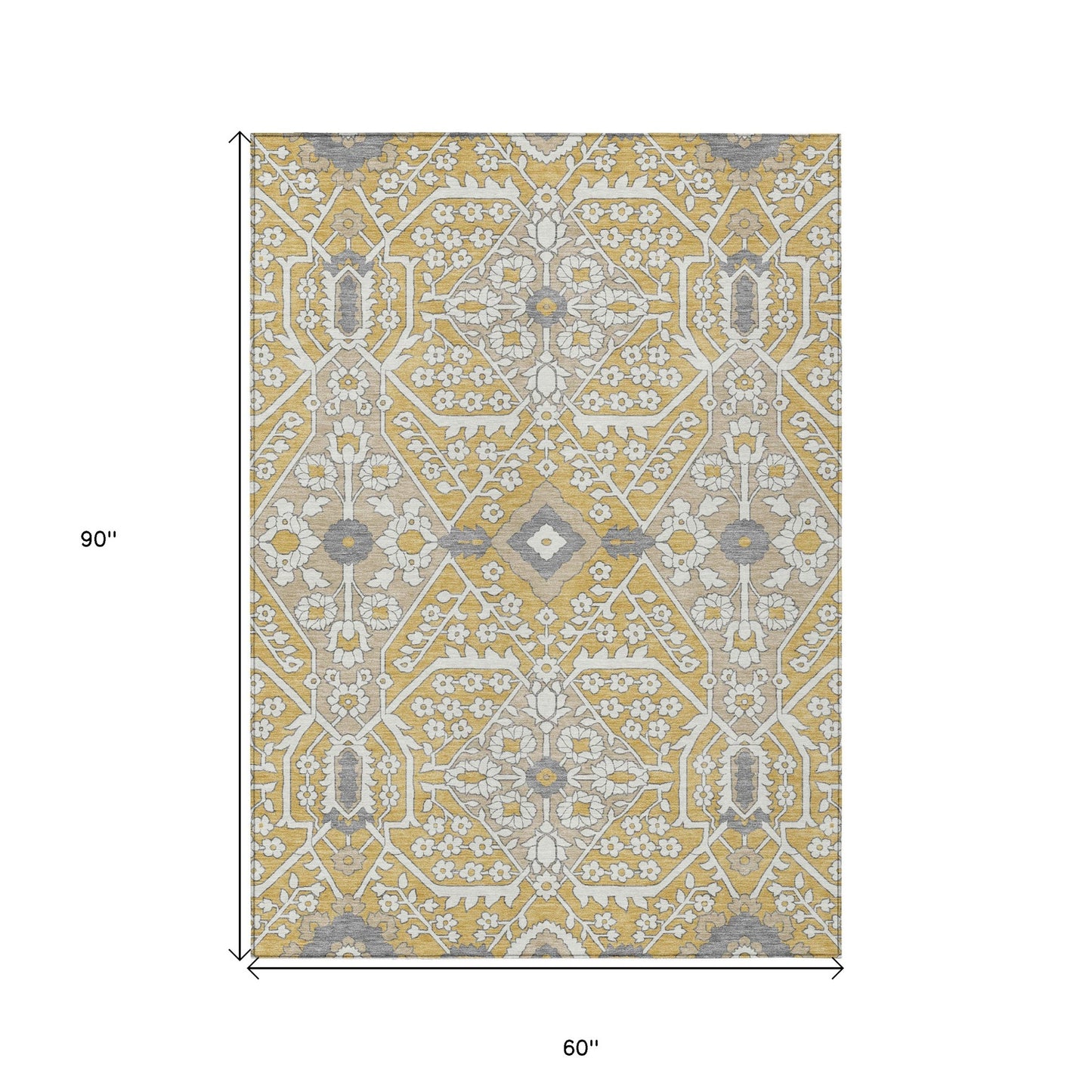Tabselect Home Line 5' X 8' Gold Ivory And Gray Floral Washable Indoor Outdoor Area Rug