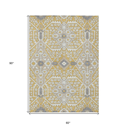 Tabselect Home Line 5' X 8' Gold Ivory And Gray Floral Washable Indoor Outdoor Area Rug