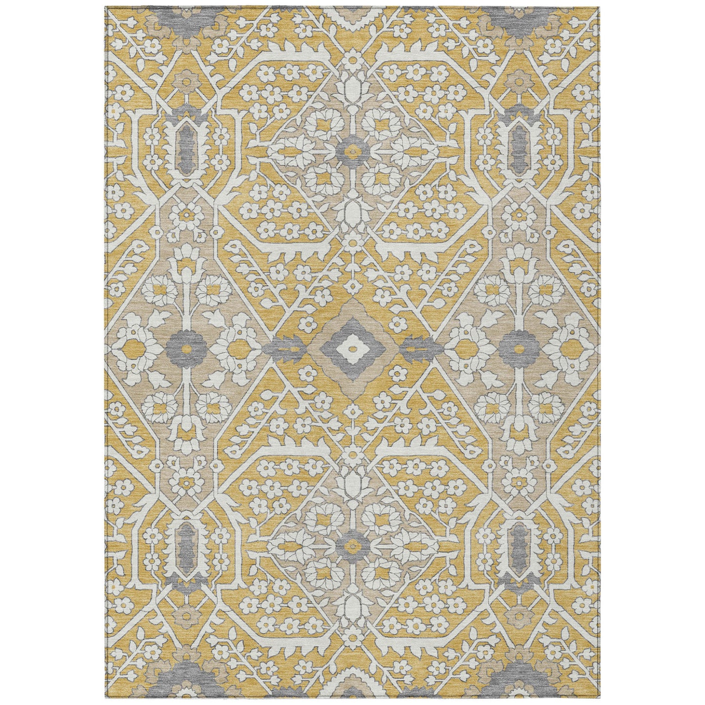 Tabselect Home Line 5' X 8' Gold Ivory And Gray Floral Washable Indoor Outdoor Area Rug