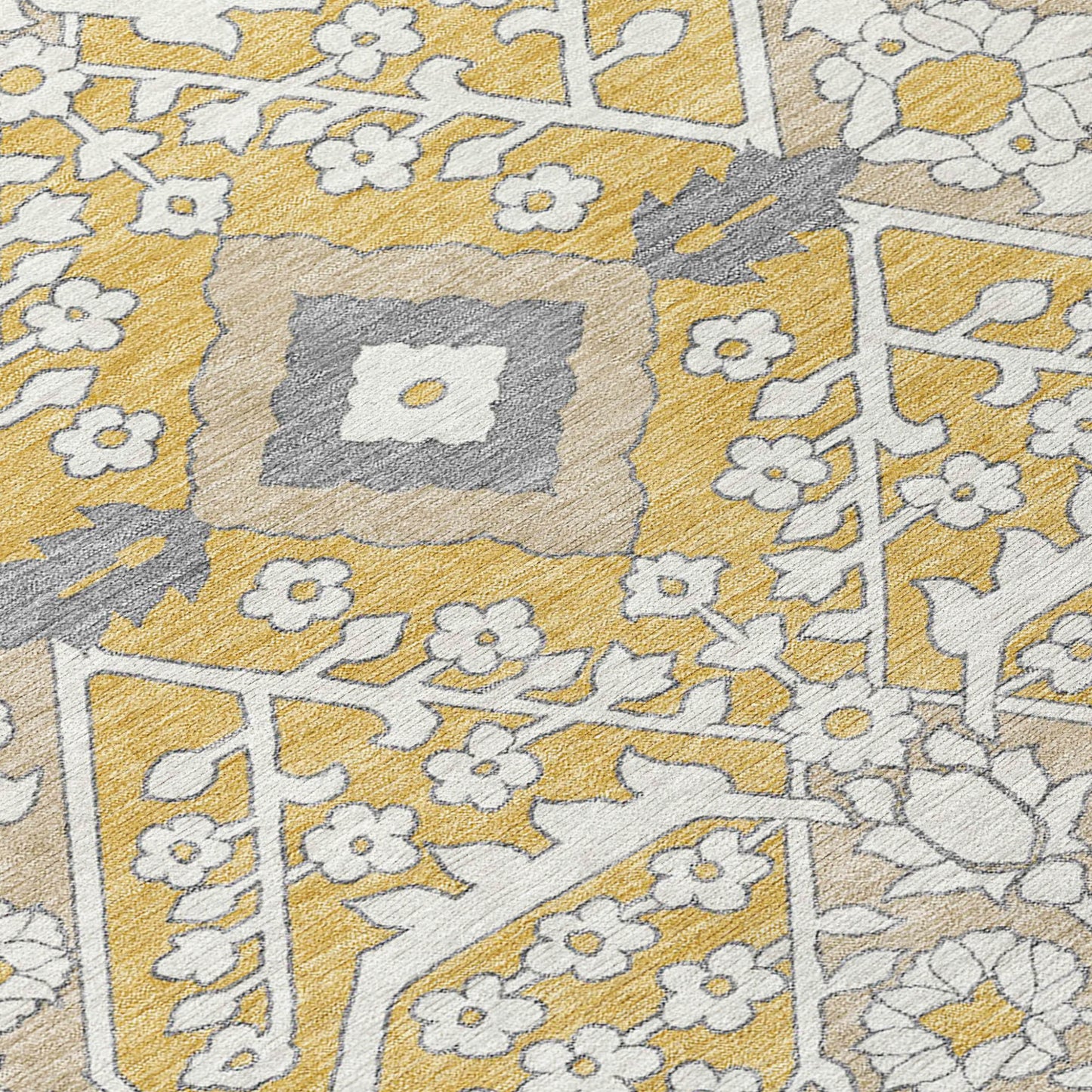 Tabselect Home Line 5' X 8' Gold Ivory And Gray Floral Washable Indoor Outdoor Area Rug