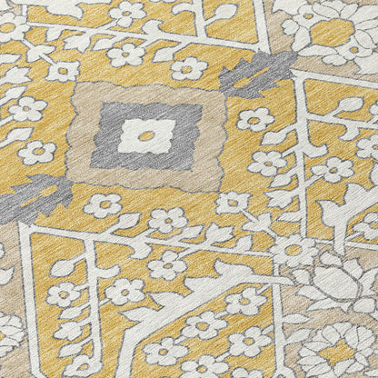 Tabselect Home Line 5' X 8' Gold Ivory And Gray Floral Washable Indoor Outdoor Area Rug