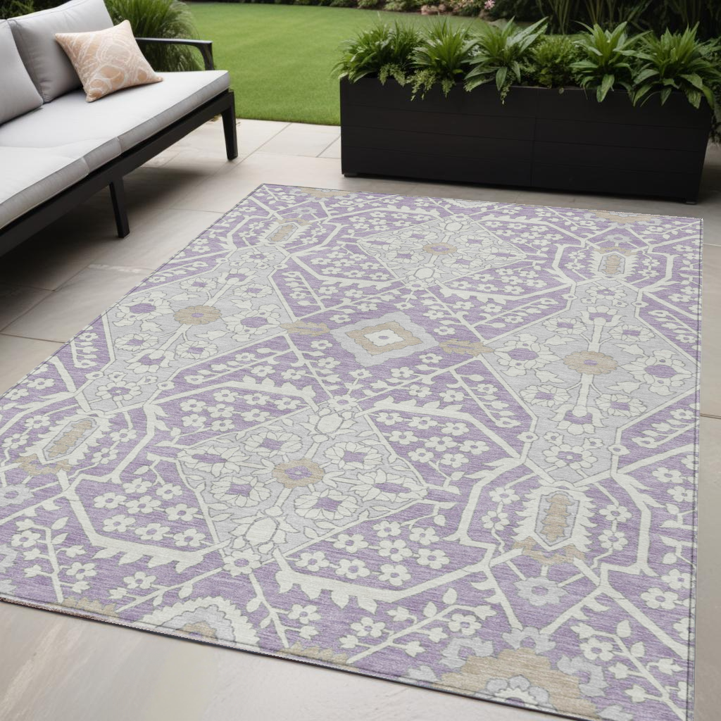 Tabselect Home Line 5' X 8' Lavender Gray And Beige Floral Washable Indoor Outdoor Area Rug