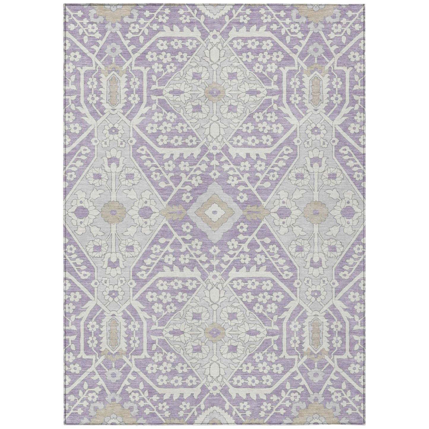 Tabselect Home Line 5' X 8' Lavender Gray And Beige Floral Washable Indoor Outdoor Area Rug