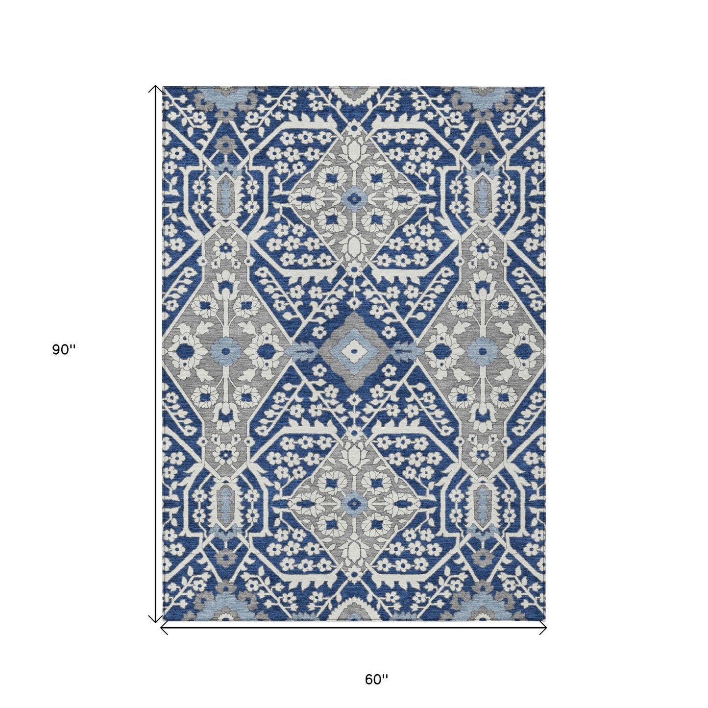 Tabselect Home Line 5' X 8' Navy Blue Gray And Ivory Floral Washable Indoor Outdoor Area Rug