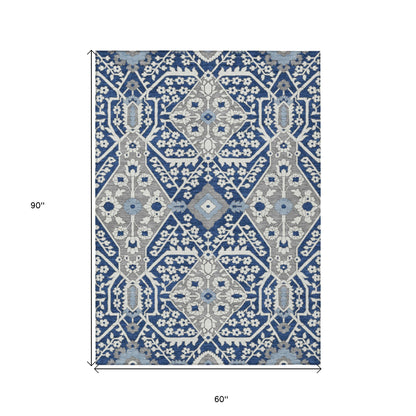 Tabselect Home Line 5' X 8' Navy Blue Gray And Ivory Floral Washable Indoor Outdoor Area Rug