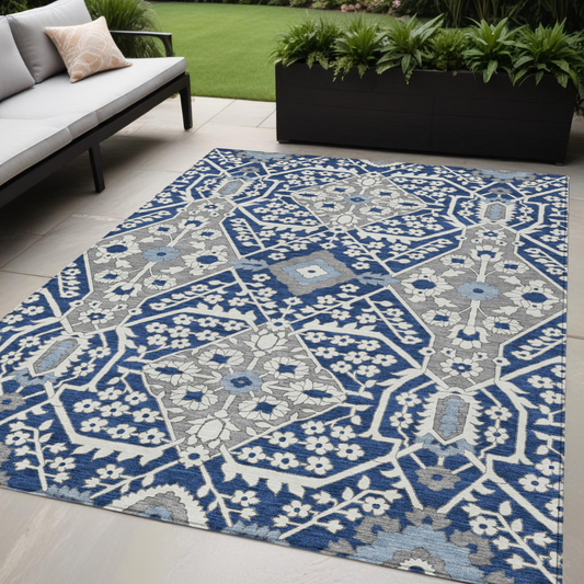 Tabselect Home Line 5' X 8' Navy Blue Gray And Ivory Floral Washable Indoor Outdoor Area Rug