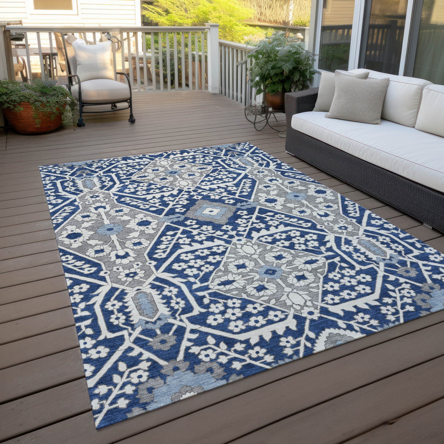Tabselect Home Line 5' X 8' Navy Blue Gray And Ivory Floral Washable Indoor Outdoor Area Rug