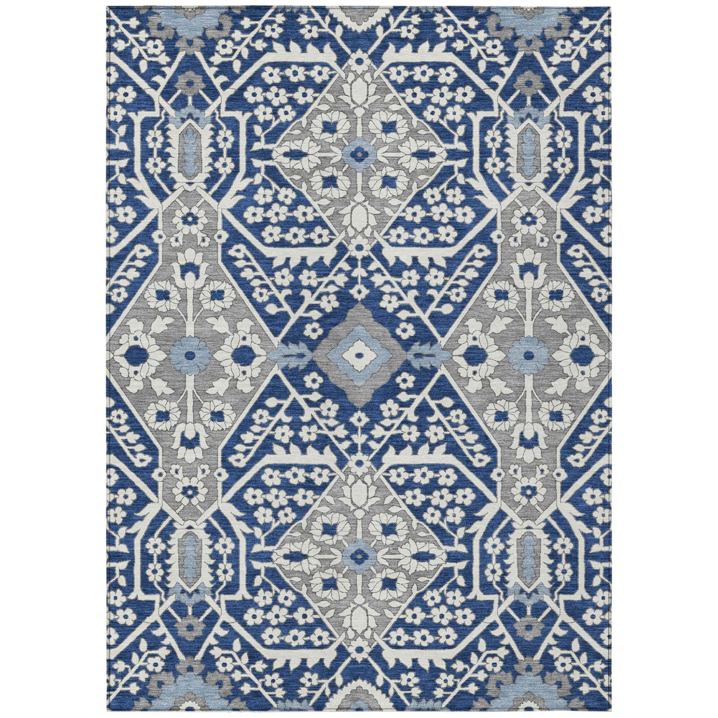 Tabselect Home Line 5' X 8' Navy Blue Gray And Ivory Floral Washable Indoor Outdoor Area Rug