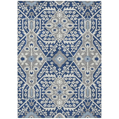 Tabselect Home Line 5' X 8' Navy Blue Gray And Ivory Floral Washable Indoor Outdoor Area Rug