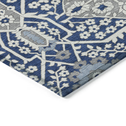 Tabselect Home Line 5' X 8' Navy Blue Gray And Ivory Floral Washable Indoor Outdoor Area Rug