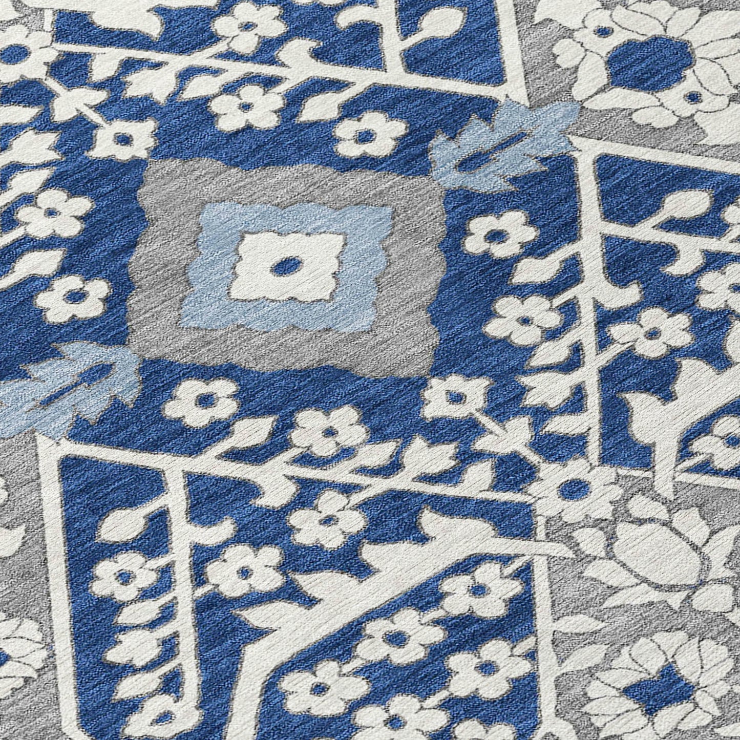 Tabselect Home Line 5' X 8' Navy Blue Gray And Ivory Floral Washable Indoor Outdoor Area Rug