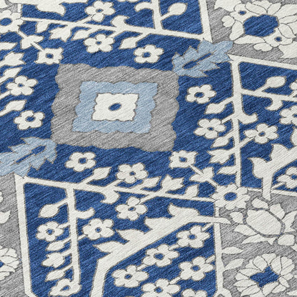 Tabselect Home Line 5' X 8' Navy Blue Gray And Ivory Floral Washable Indoor Outdoor Area Rug