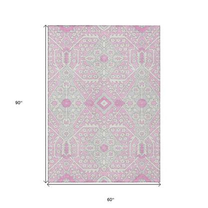 Tabselect Home Line 5' X 8' Pink Ivory And Gray Floral Washable Indoor Outdoor Area Rug