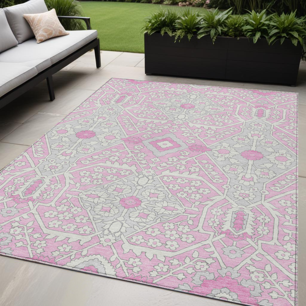 Tabselect Home Line 5' X 8' Pink Ivory And Gray Floral Washable Indoor Outdoor Area Rug