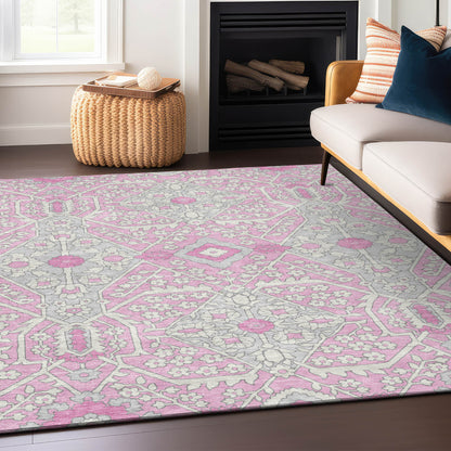 Tabselect Home Line 5' X 8' Pink Ivory And Gray Floral Washable Indoor Outdoor Area Rug