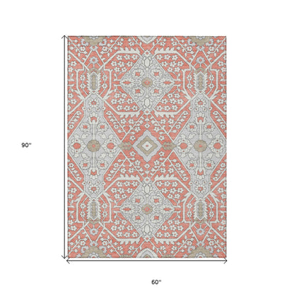 Tabselect Home Line 5' X 8' Salmon Gray And Taupe Floral Washable Indoor Outdoor Area Rug