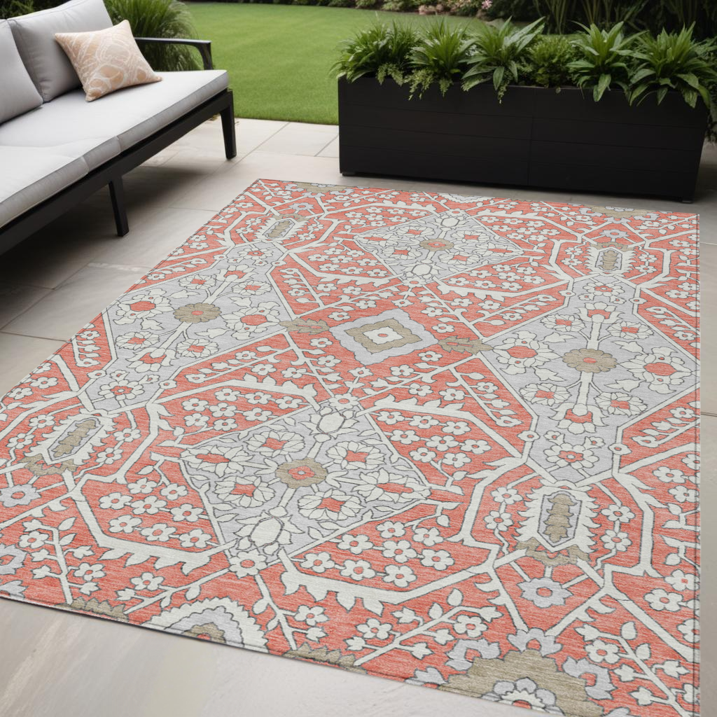 Tabselect Home Line 5' X 8' Salmon Gray And Taupe Floral Washable Indoor Outdoor Area Rug