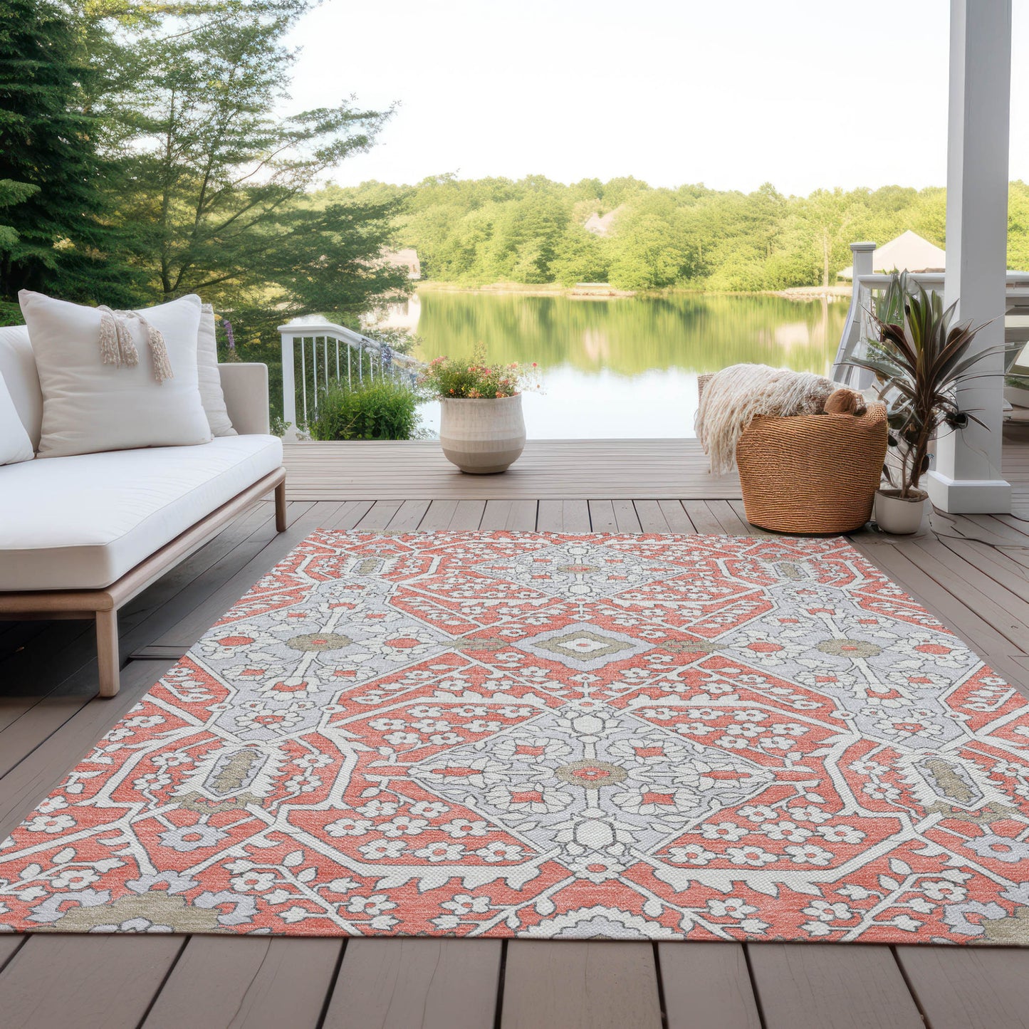 Tabselect Home Line 5' X 8' Salmon Gray And Taupe Floral Washable Indoor Outdoor Area Rug