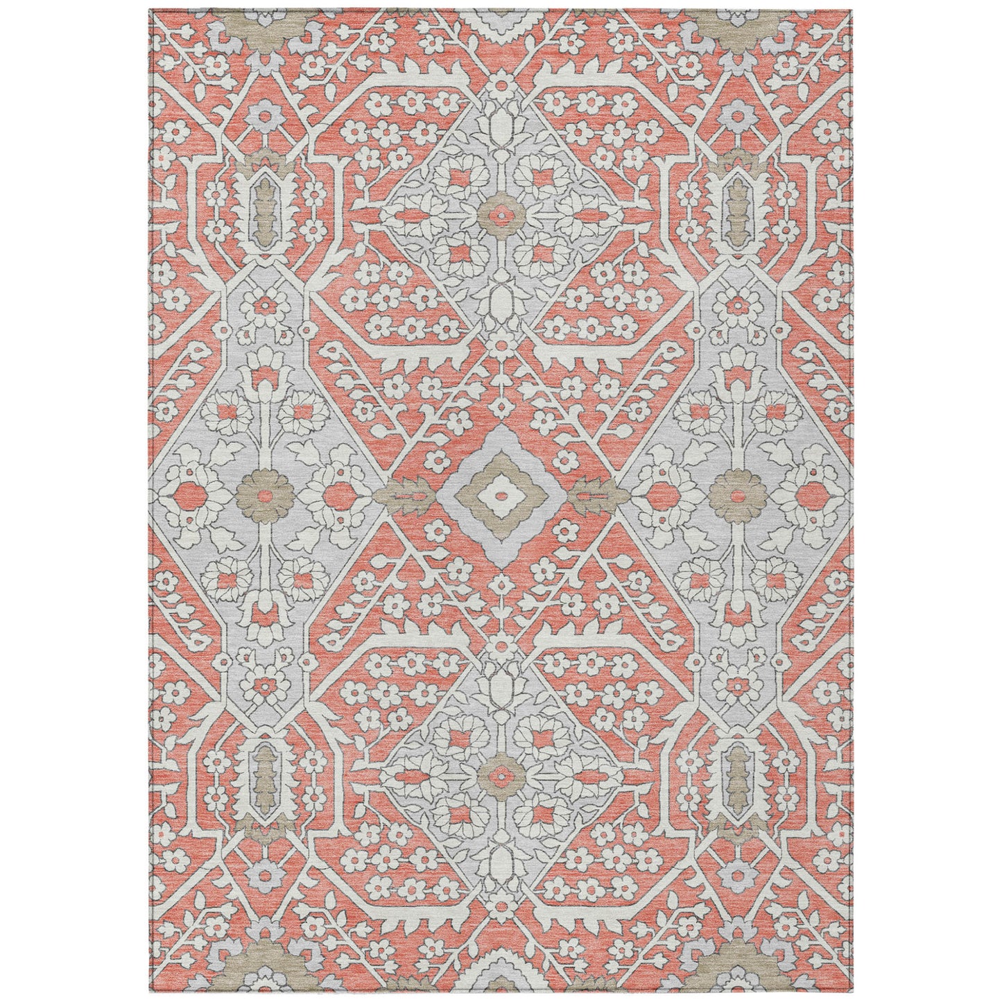 Tabselect Home Line 5' X 8' Salmon Gray And Taupe Floral Washable Indoor Outdoor Area Rug