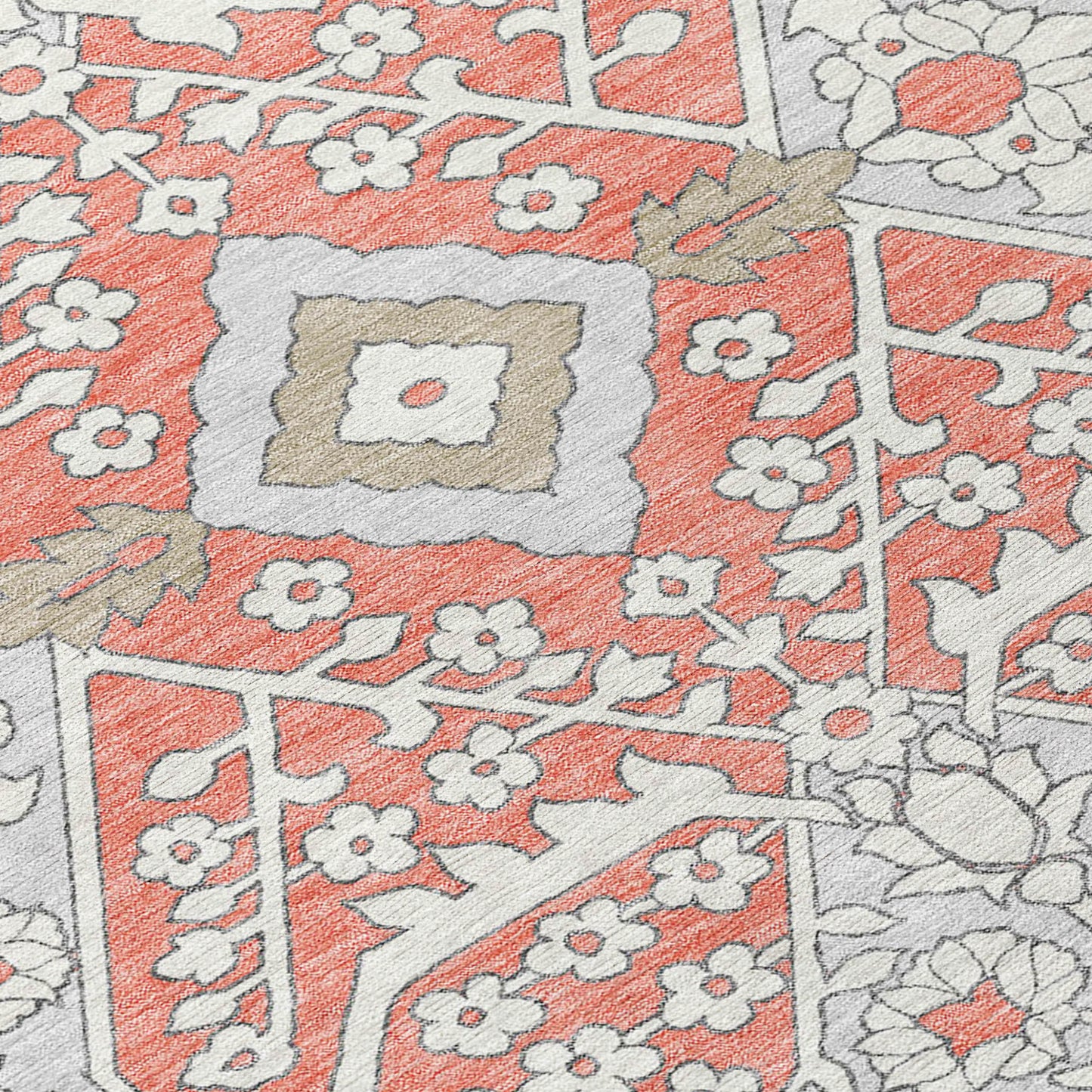 Tabselect Home Line 5' X 8' Salmon Gray And Taupe Floral Washable Indoor Outdoor Area Rug