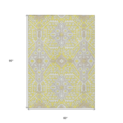 Tabselect Home Line 5' X 8' Yellow Ivory And Beige Floral Washable Indoor Outdoor Area Rug