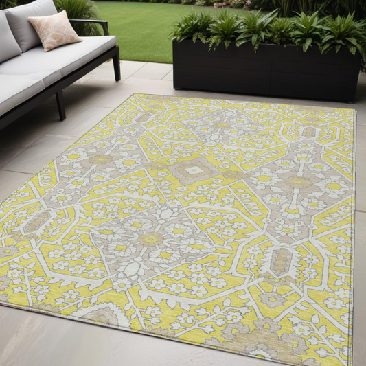 Tabselect Home Line 5' X 8' Yellow Ivory And Beige Floral Washable Indoor Outdoor Area Rug