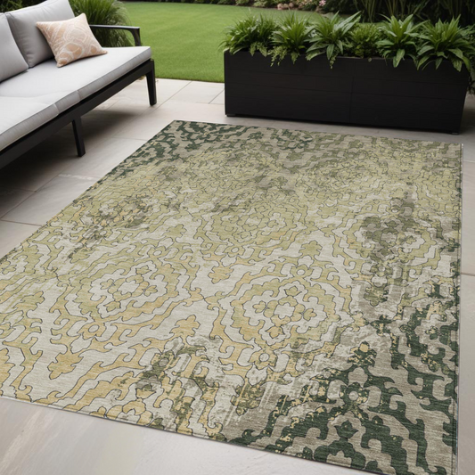 Tabselect Home Line 5' X 8' Artichoke Green And Beige Medallion Washable Indoor Outdoor Area Rug