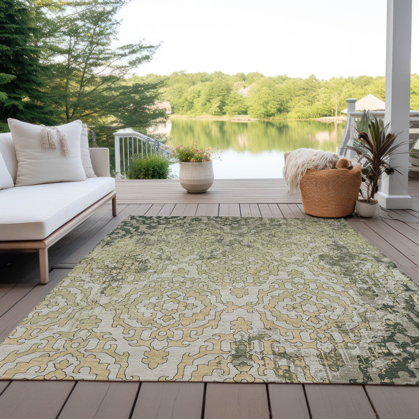 Tabselect Home Line 5' X 8' Artichoke Green And Beige Medallion Washable Indoor Outdoor Area Rug