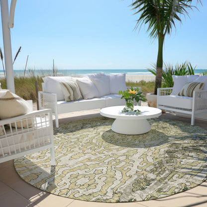 Tabselect Home Line 8' Artichoke Green And Beige Round Medallion Washable Indoor Outdoor Area Rug