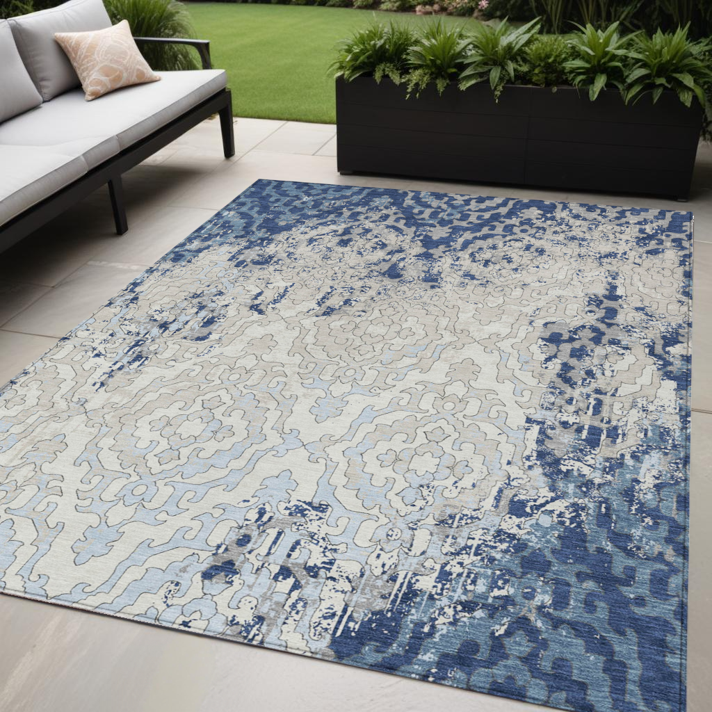Tabselect Home Line 5' X 8' Navy Blue Beige And Sky Blue Medallion Washable Indoor Outdoor Area Rug