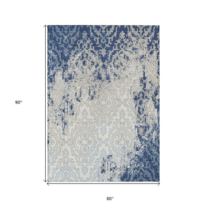 Tabselect Home Line 5' X 8' Navy Blue Beige And Sky Blue Medallion Washable Indoor Outdoor Area Rug