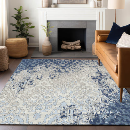 Tabselect Home Line 5' X 8' Navy Blue Beige And Sky Blue Medallion Washable Indoor Outdoor Area Rug