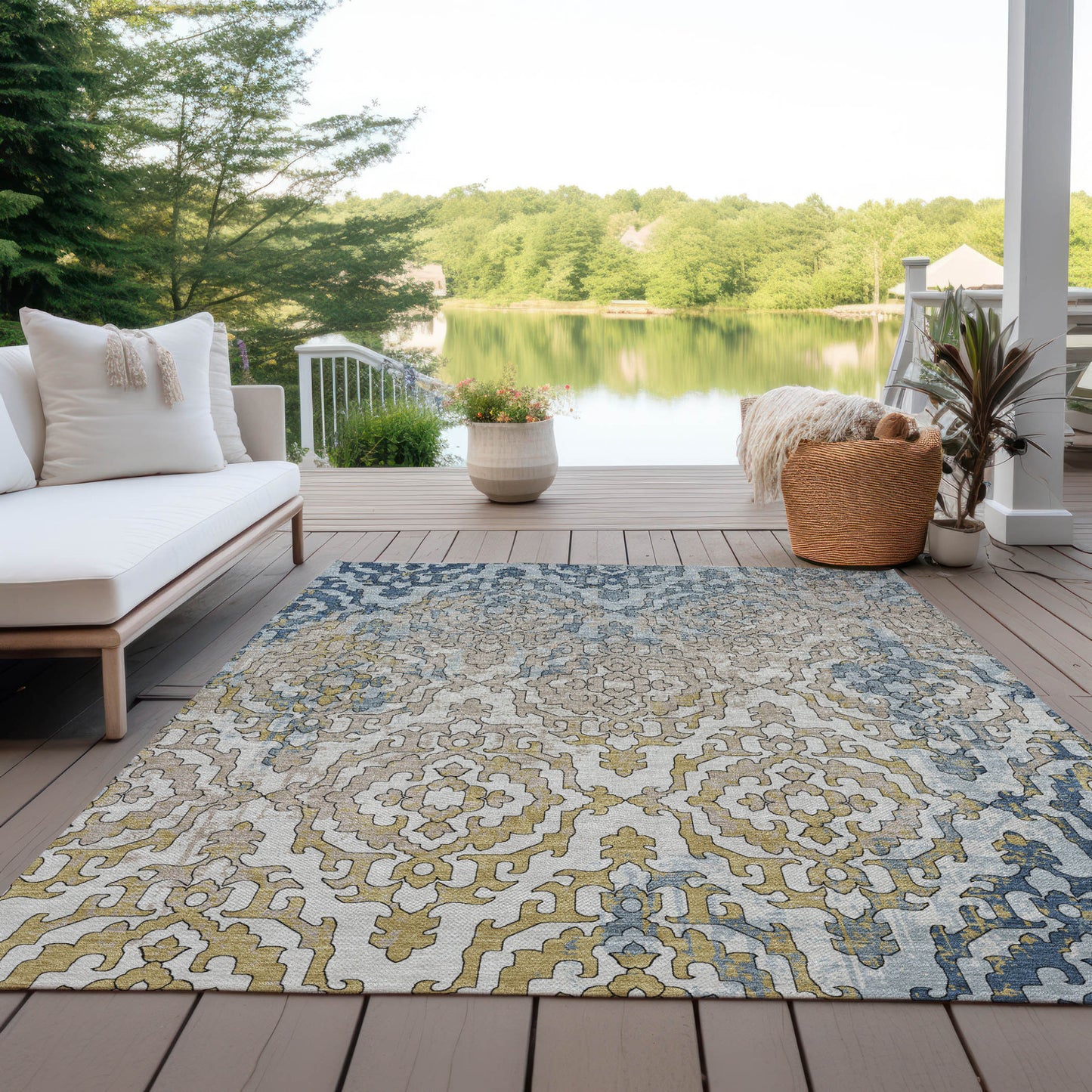 Tabselect Home Line 5' X 8' Sky Blue And Denim Blue Medallion Washable Indoor Outdoor Area Rug